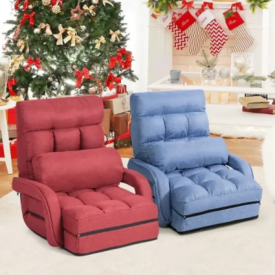Costway Folding Floor Armchair w/6-position Adjustable Back & Lumbar Pillow Red image {1}