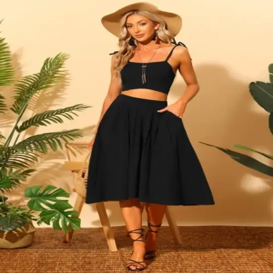 Allegra K Women's Two Pieces Spaghetti Strap Outfits Cami Crop Top Elastic Waist Swing Skirt Sets image {1}