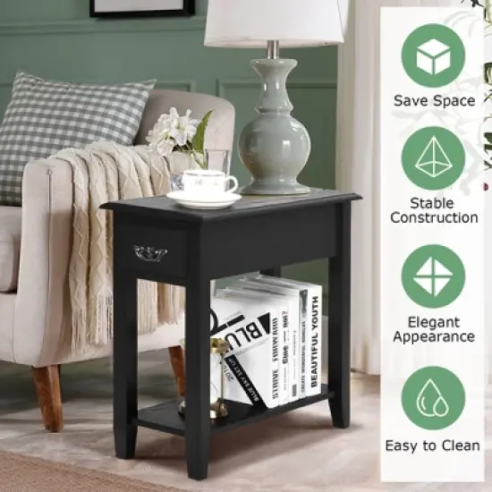 Costway 2 Tier End Bedside Sofa Side Table Narrow Nightstand w/Drawer &Shelf Black image {8}