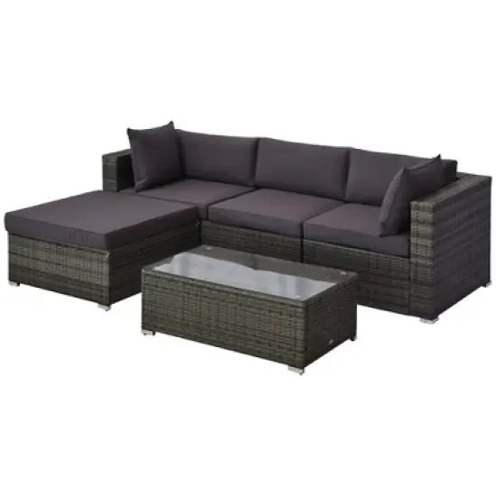 Outsunny 5 Piece Patio Wicker Furniture Set, Outdoor Sectional Sofa Set Rattan Conversation Sets with Tempered Glass Tabletop Coffee Table and Ottoman for Garden, Balcony, Backyard image {2}
