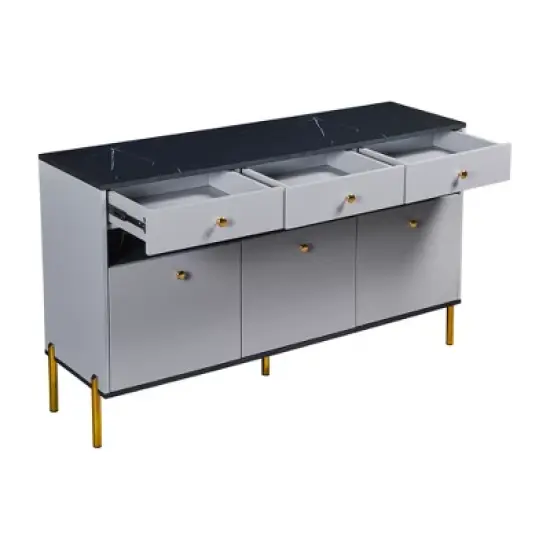 Contemporary Dressing Table with LED Lights and Marble Top, Gray - ModernLuxe image {6}