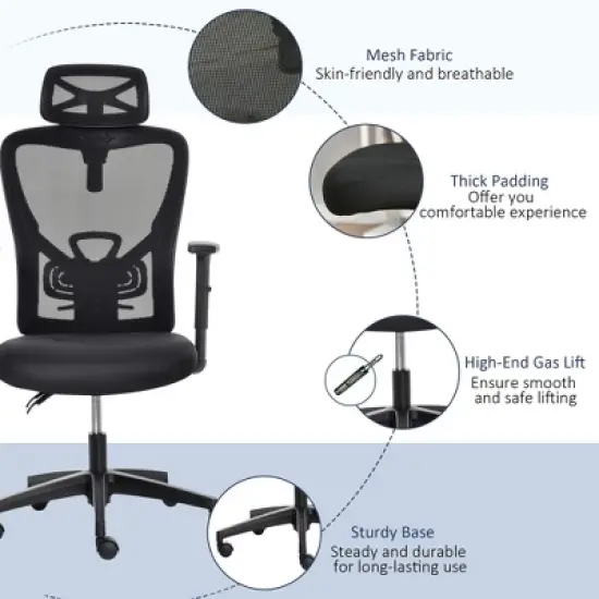 Vinsetto High Back Ergonomic Home Office Chair, Mesh Task Chair with Lumbar Back Support, Reclining Function, Adjustable Headrest, Arms, Black image {6}
