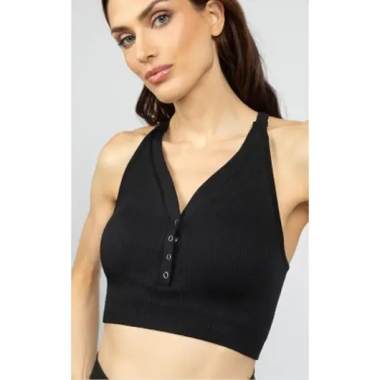 Yogalicious Sorority Girl Seamless Ribbed Button Henley Cropped Tank Top image {4}