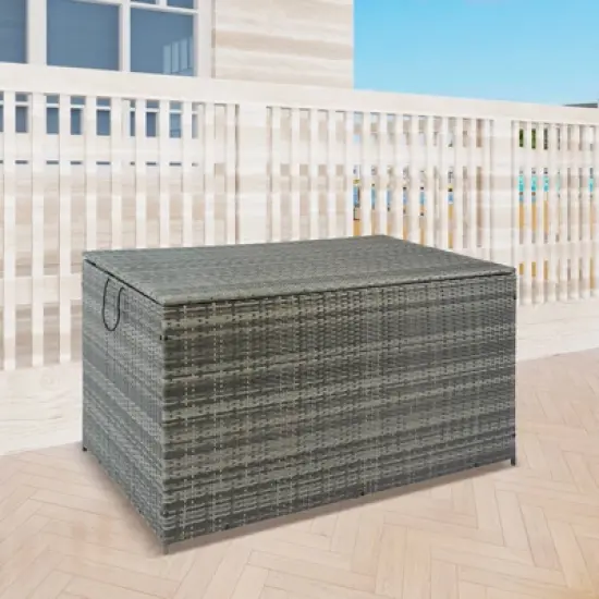 WELLFOR 200gal Wicker Outdoor Storage Box with Lid Gray image {4}