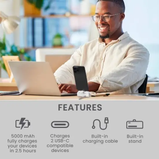 Travel Smart Phone Stand 5000mAh Power Bank: Built-In Cable, Charges 2 Devices Simultaneously image {3}