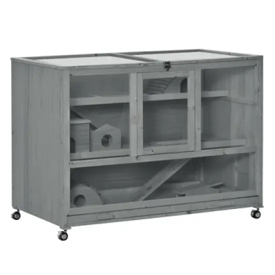 PawHut Wooden Large Hamster Cage with Seesaw and Wheels, Small Animal Cage and Habitat, 3-Tier Hamster Habitat with Ladder, Dark Grey image {6}