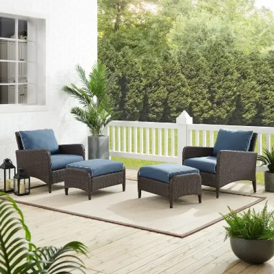Kiawah 4pc Outdoor Wicker Conversation Set with 2 Arm Chairs & 2 Ottomans Blue - Crosley image {4}