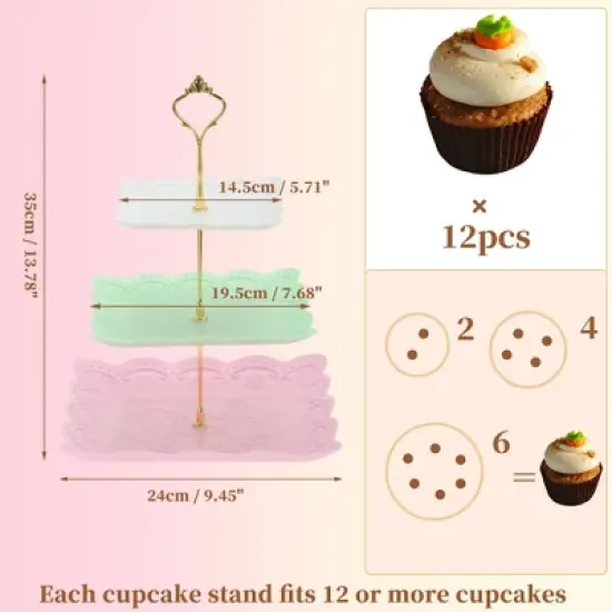 Unique Bargains 3 Tier Dessert Cupcake Stand Holder Square Tiered Serving Tray for Donuts Fruits White Pink Green Gold Tone image {1}