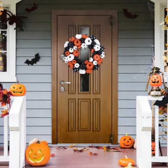 18 Inch Halloween Fall Wreath for Front Door, Black Orange White Artificial Pumpkin Wreath for Fall and Halloween Indoor Outdoor Home Party Decor image {5}