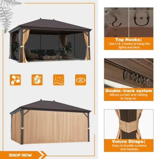 EROMMY 12'x16' Hardtop Gazebo, Wood Looking Patio Gazebo with Aluminum Frame and Single Galvanized Steel Roof image {5}