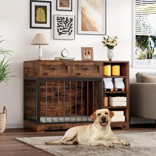 Acekool 47" Farmhouse Dog Crate Furniture with Storage Drawers & Shelves for Large Dogs image {9}