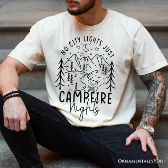 No City Lights Just Campfire Nights T-Shirt, White and Natural Camping Tee for Stargazing Campers| OrnamentallyYou image {4}