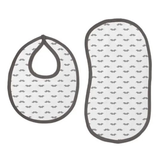 Bacati - Mustache/Plus Muslin 4 pc set of Bibs & Burp Cloths Set, Gray image {1}