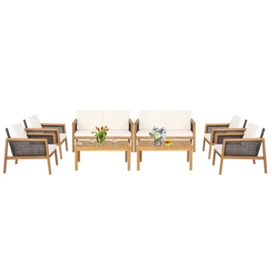 Tangkula 8-Piece Patio Acacia Wood Furniture Set Outdoor PE Rattan Conversation Set with Removable Cushions image {9}