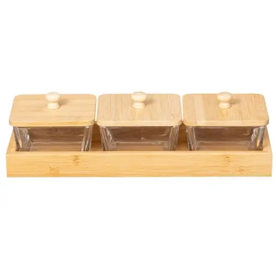 Basicwise Glass Jars with Bamboo Lids and Wooden Tray &ndash; Rectangular Charcuterie, Snack Organizer and Fruit Platter for Party, Candy Jars,and Cookies image {6}