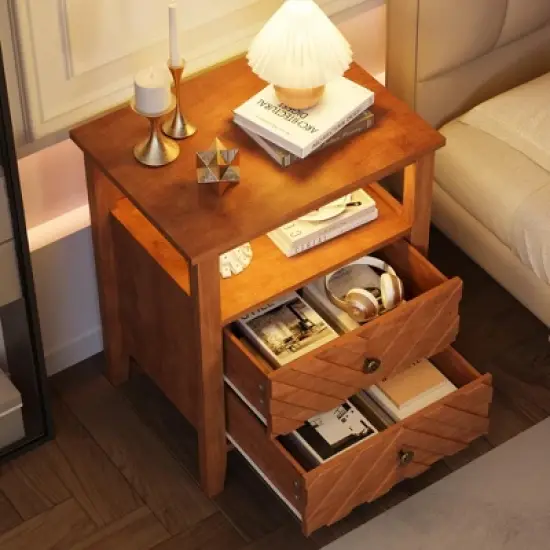 GustoWave Night Stand with 2 Storage Drawers and Stable Wooden Legs, Farmhouse Nightstand w/V-Shaped Design, Wooden End Table(Brown, 2 Piece) image {1}