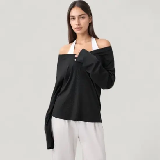 Anna-Kaci Active Women's Long Sleeve V-Neck Pullover Top with Relaxed Fit and Drop Shoulder Design image {1}