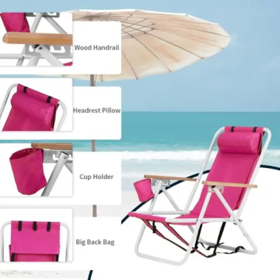 FURNIinspire Outdoor Portable Chair Set of 2 with Headrest Cup Holder and Backpack Straps for Outdoor Relaxation, Pink, 23"*21.7"*31.5" image {2}