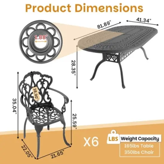(7-PC)Premium Black Cast Aluminum Patio Set - Weather-Resistant Outdoor Table & Chairs with Beige Cushions, Umbrella Hole Included image {3}