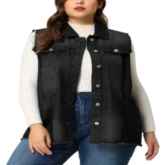 Agnes Orinda Women's Plus Size Denim Button Down Raw Hem Denim Vests image {9}