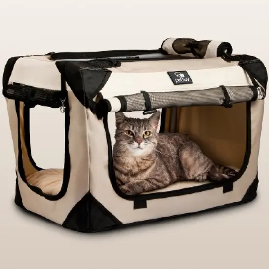 PetLuv Cat & Dog Carrier Foldable Pet Travel Crate, Removable Plush Pillow, Privacy Windows, Locking Zippers, Pocket, Seatbelt Straps image {11}