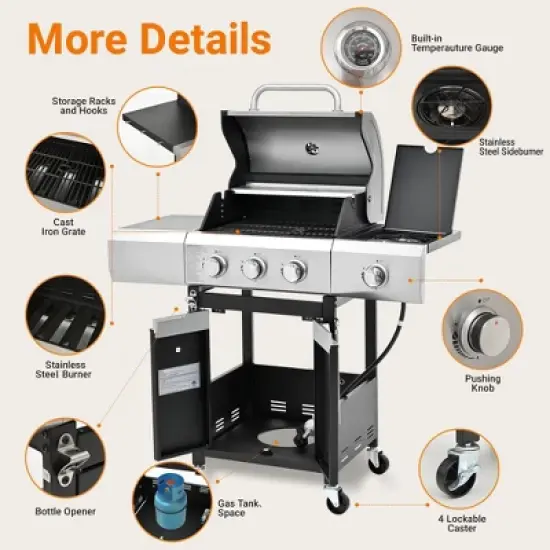 Kumasinova 3-Burner Propane Gas BBQ Grill with Side Burner,40500BTU Output,Stainless Steel Grills with Cooking Grids,Foldable Side Tables&Thermometer image {1}