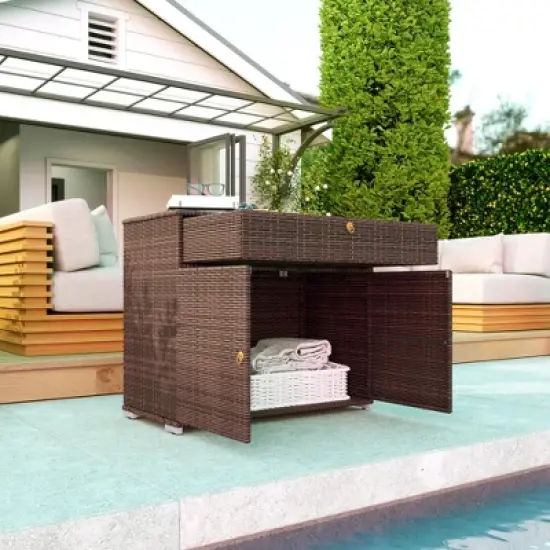 Outsunny Outdoor Storage Cabinet, Hot Tub Accessory Storage, Waterproof PE Rattan Cabinet with Drawer for Indoor, Outdoor Swimming Pool image {1}