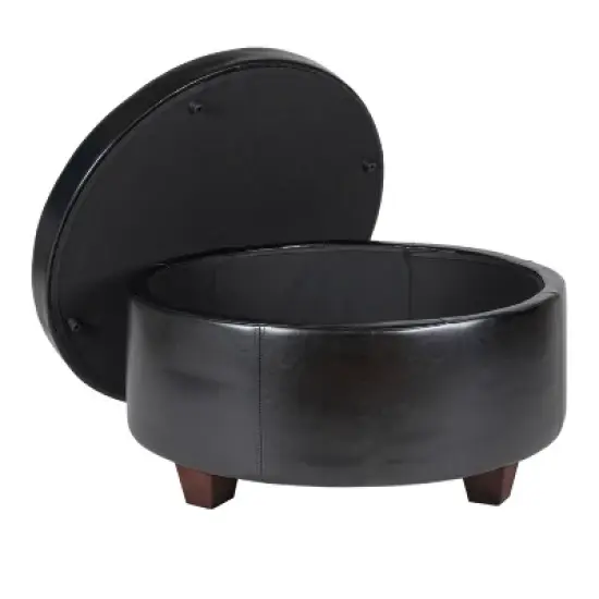 Winston Large Round Button Top Storage Ottoman Faux Leather Black - HomePop image {4}