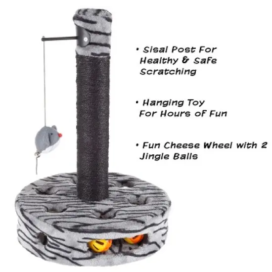 Pet Adobe Interactive Sisal Cat Scratching Post With Built-In Rolling Ball and Hanging Mouse Toy for Adult Cats and Kittens - Gray and Black image {2}
