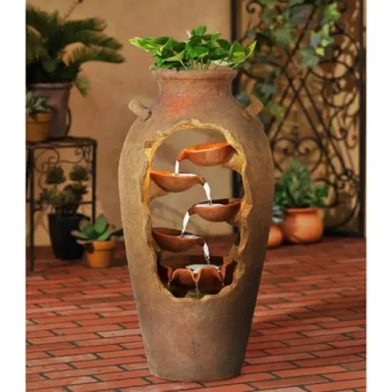 John Timberland Cascade Rustic Asian Planter Urn Outdoor Floor Water Fountain with LED Light 33" for Yard Garden Patio Home Deck Porch Exterior House image {7}