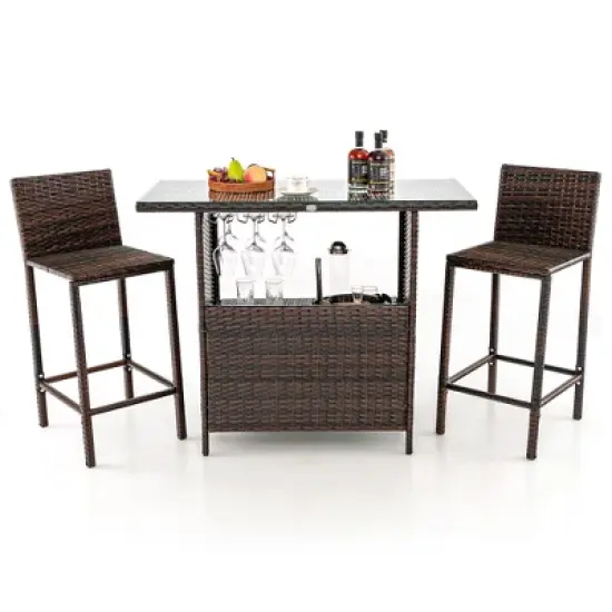 Costway Patio 3PCS Wicker Bar Set Height Table Two Stools with 3 Rows Stemware Racks Garden image {1}