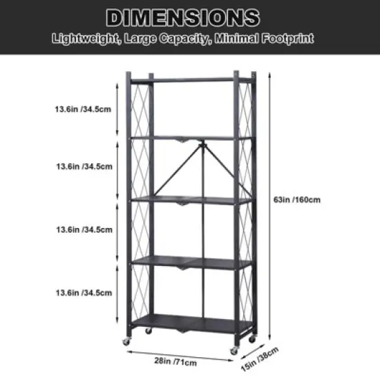 Foldable Storage Shelves with Wheels, 5 Tier Large Capacity Shelving Unit, Freestanding Metal Wire Shelf Rack image {2}