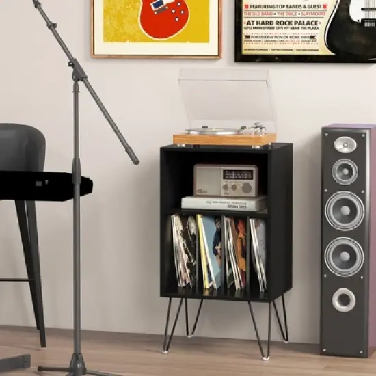 Costway 3-Tier Record Player Stand with Charging Station Shelf & 4 Dividers for Bedroom Walnut/Black/Brown image {3}