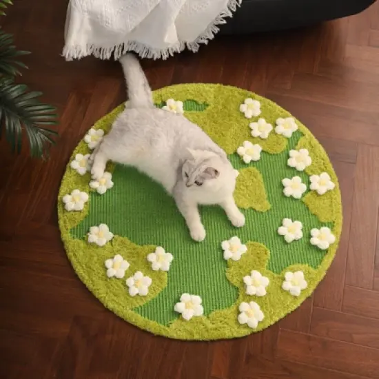 Fairyland&trade; - Floral Cat Garden Sisal Rug &ndash; Round Green Non-Slip Pet & Home Mat with 3D Flowers, Soft Teddy Velvet Accents image {9}