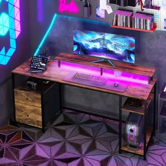PAGED Computer Desk Modern Gaming Desk with Shelves, Storage Drawers and LED Light for Games and Work image {5}