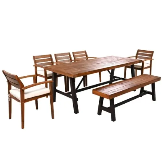 Whisen Outdoor Wood Dining Set, Outdoor Dining Furniture With Removable Cushions, 5 Arm Chairs and 1 Bench - Natural image {8}