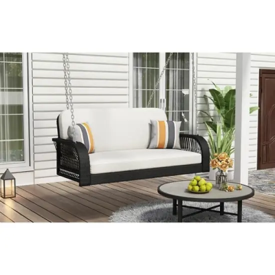 MAYEERTY Wicker Hanging Sofa Swing - White Cushion, Rattan Patio Seat for Garden Entertaining image {10}