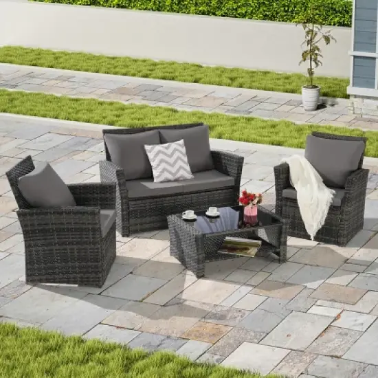 4 Piece Outdoor Wicker Patio Furniture Sets,Rattan Garden Furniture Sofa Set,Poolside Sofas with Cushions and Glass Coffee Table-Coolbibila image {9}
