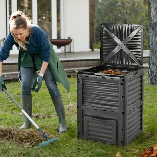 Tangkula 80-Gallon Outdoor Composter W/ Large Openable Lid & Bottom Exit Door image {2}