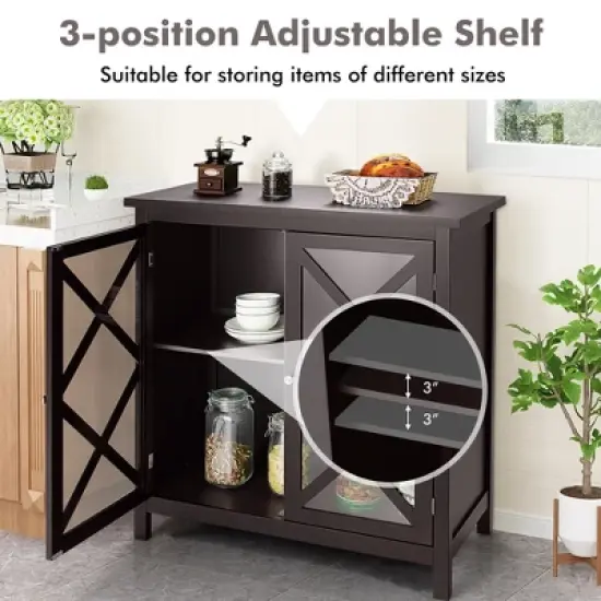 Costway Kitchen Buffet Sideboard Storage Cabinet w/Glass Doors & Adjustable Shelf White\Brown image {6}