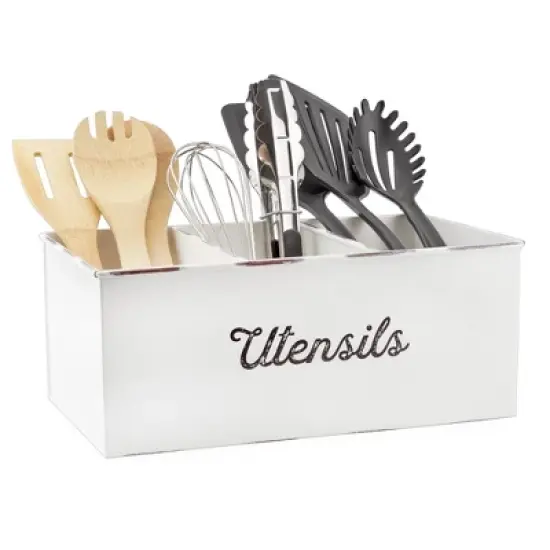 AuldHome Design Large Enamelware Utensil Holder, White Farmhouse Cooking Caddy or Spoons/Forks/Knives Storage for Countertop and Table image {8}