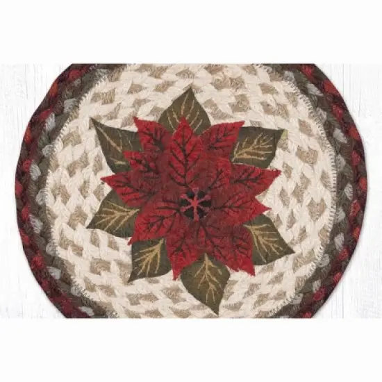 Earth Rugs Primitive Poinsettia Round Trivet &ndash; 10" Holiday Floral Print on Braided Natural Jute Table Mat image {1}