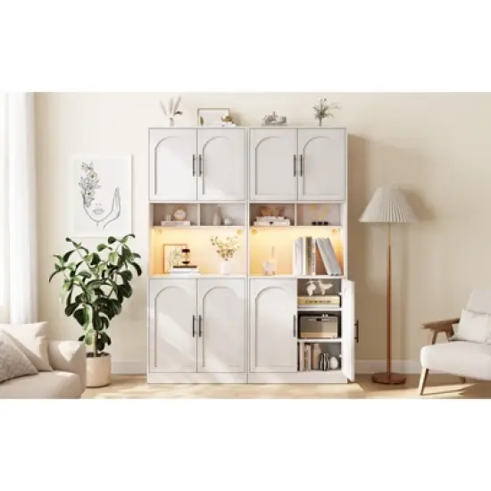 Kitchen Pantry Cabinet with RGB Light, Tall Kitchen Hutch Bar Cabinet with Microwave Stand and Barn Doors & 2 Open Shelves image {1}