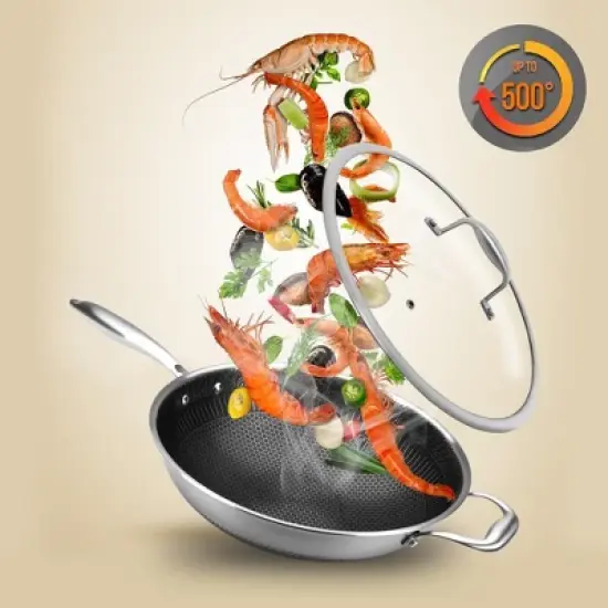 NutriChef 12 Inch Stainless Steel Nonstick Cooking Wok Kitchen Stir Fry Pan with Glass Lid for Gas, Electric, Ceramic, and Induction Counter Cooktops image {2}