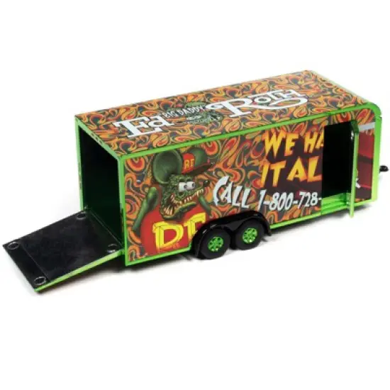 4-Wheel Enclosed Car Trailer Green with Graphics "Rat Fink: We Haul it All!" 1/64 Diecast Model by Auto World image {1}