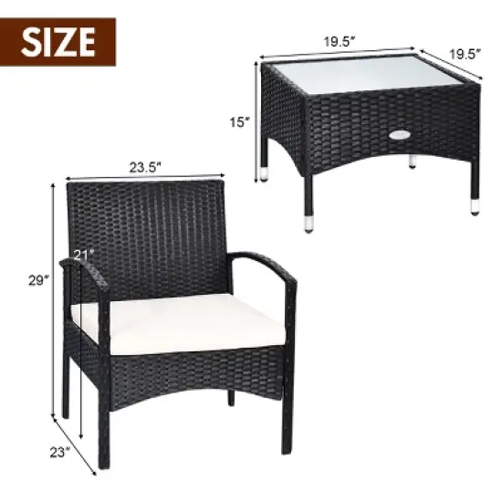 Costway 3 PCS Furniture Set Table & 2 Chair Patio Wicker Rattan W/Cushion image {9}