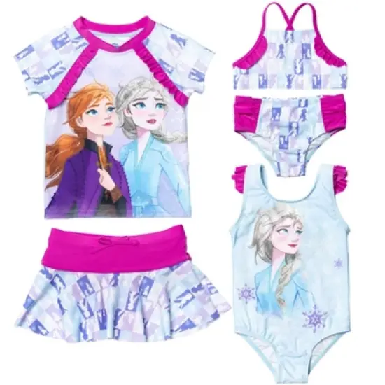 Disney Frozen Princess Anna Elsa Girls One Piece Bathing Suit Bikini Top Rash Guard Modest Swimsuit Skirt and Bottom 5 Set Little Kid to Big Kid image {10}