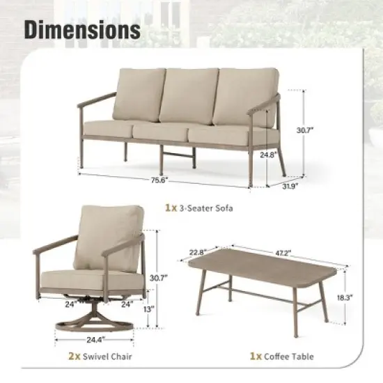 Captiva Designs 4PC Windsor Style Patio Outdoor Sofa Conversation Set with Swivel Chairs for Deck Lawn Backyard image {1}