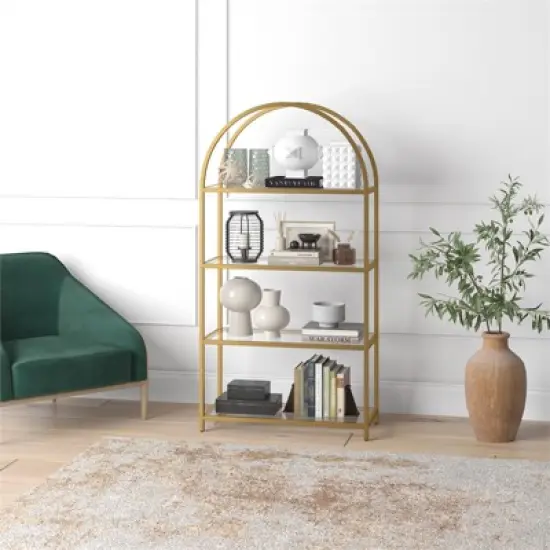 62 in. Arched Brass Finish Bookcase - Henn&Hart image {6}