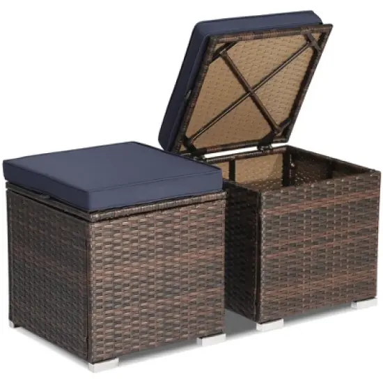 Costway 2PCS Patio Rattan Ottomans Seat Side Table Storage Box Footstool W/Cushions Navy image {3}